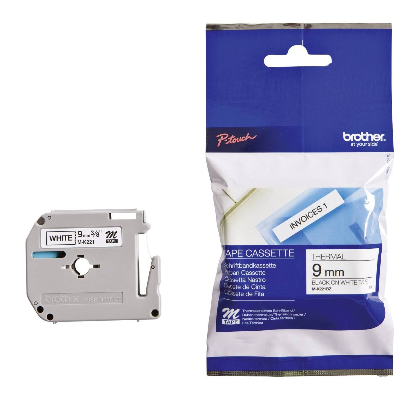 Märktape Brother MK211 9mm x 8m svart text på vit botten