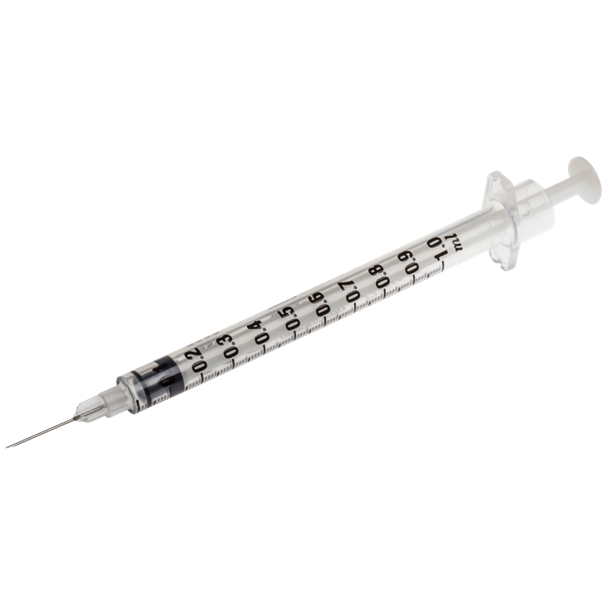 Sprøjte 1 ml med fast nål 26G 0,45 x 13 mm / 100