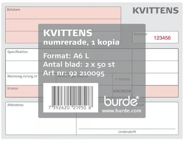 Kvitteringsblok A6 nummereret 2x50 ark / 5