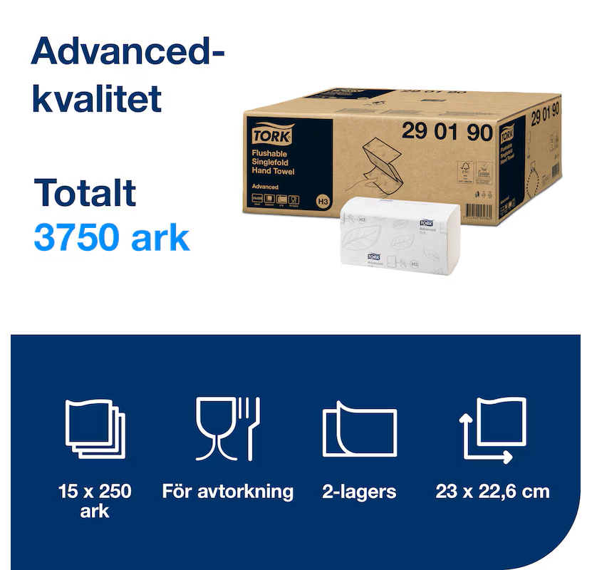 Håndklæde Tork Single Fold H3 Advanced 2-lags 23 x 23 cm / 3750